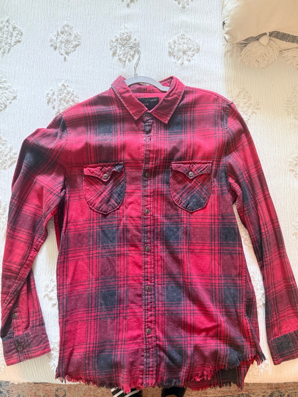 Zara Red and Black Plaid Distressed Flannel Shirt
